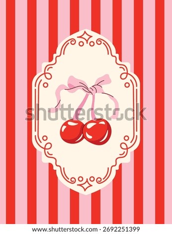 Retro Cherries with Bow Label Red Pink Striped Background Vector