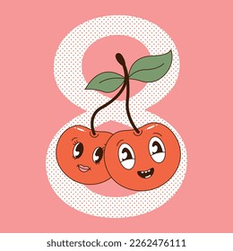 Retro cherries with cartoon facial expressions. Berries with faces and a smile. Holiday, March 8, background, print. Vintage sticker. Vector