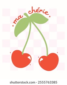 Retro Cherries Ma Chérie Minimal Flat Design with Vintage Aesthetic