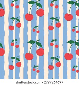 Retro Cherries Seamless Pattern. Doodle fruit vector pattern. Hand drawn summer red cherry design on blue and cream striped background for textile, fabrics , packaging. 