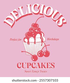 Retro Cherry Cupcake T shirt Print Design Vector Illustration.