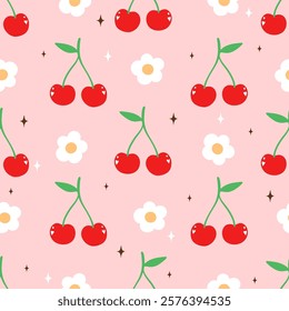 Retro cherry with flower seamless pattern Summer fruit Trendy girly background