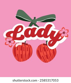 Retro cherry fruit Lady Slogan with bow logo graphic illustration summer spring graphic