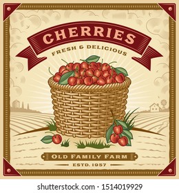 Retro cherry harvest label with landscape. Editable EPS10 vector illustration with clipping mask and transparency in woodcut style.