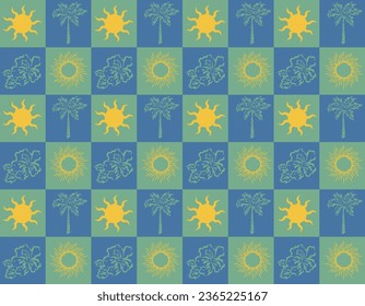Retro chess pattern with  palm leaves, Sun , Hibiscus flower . A collection of groovy from 70s, 60s. Trend vector illustration.Design for fashion , fabric, textile, wallpaper , wrapping and all prints