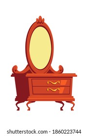 Retro chest of drawers, dressing table with mirror, wooden furniture interior element cartoon vector isolated illustration