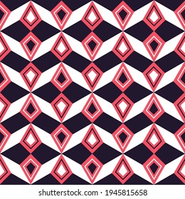 Retro Chevron pattern with diamond shapes in pink and navy blue. Vector seamless pattern design for textile, fashion, paper, packaging, wrapping and branding