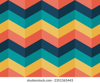 Patrón retro chevron sin fisuras. Plantilla de líneas de colores antiguos. Los años 60, tapicería colorida al estilo de los setenta. Elemento de diseño de pancarta. Portada de folletos de moda. Rayas zigzag. Ilustración vectorial. 