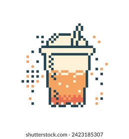 Retro chic in a modern design: a pixelated glass with a trendy drink on a light background, the illustration exudes style in dark gray and orange shades, the perfect combination of vintage and trend.