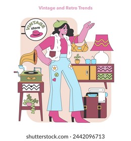 Retro chic revival. Aficionado a la moda con un atuendo vintage admira a un tocadiscos clásico, evocando el atractivo atemporal de épocas pasadas. Tesoros de la tienda vintage. Ilustración vectorial.