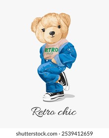 retro chic slogan with cute girly bear doll in denim fashion style vector illustration