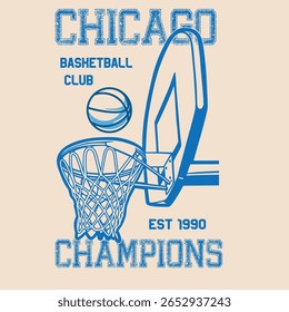Design retrô Chicago Basketball Club Champions com tipografia ousada varsity, uma ilustração dinâmica basquete hoop, e uma vibração vintage dos anos 1990. para estilos de rua e vestuário atlético.