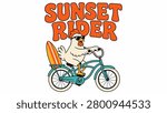 Retro chicken riding a beach cruiser bike with a surfboard and 