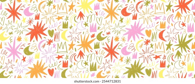 Retro childish seamless doodle pattern with crayon drawn stars, crown and squiggles. Hand drawn multi colored background with cute kid's shape. Magical starry night motif in seamless pattern.