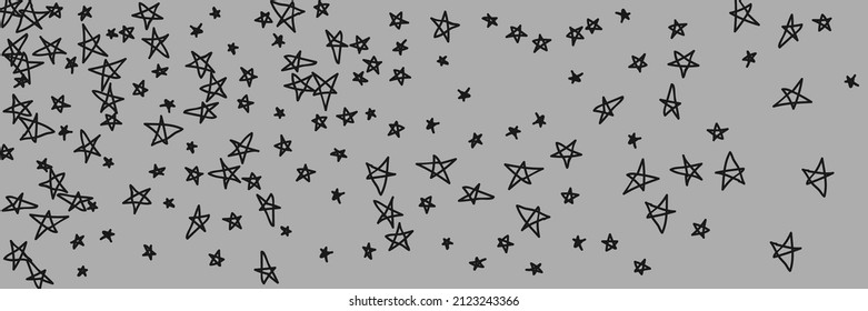 Estrellas Retro Infantiles Sencillamente Innatas Caóticas De Gris Artesano. Stars Kids Black Monochrome Bright Gray Sky Stars Background. Noche Gráfica De Arte Oscuro Simple Niños Gris Ilustración A Mano.