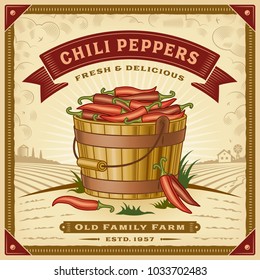 Retro chili pepper harvest label with landscape. Editable EPS10 vector illustration in woodcut style with clipping mask and transparency.