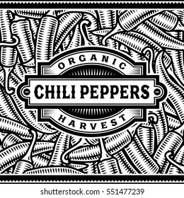Retro Chili Pepper Harvest Label Black And White. Editable vector illustration in woodcut style with clipping mask.