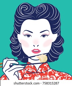 Retro Chinese Lady Holding Chopsticks. Vector, Illustration