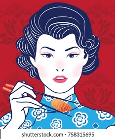 Retro Chinese Lady Holding Chopsticks. Vector, Illustration