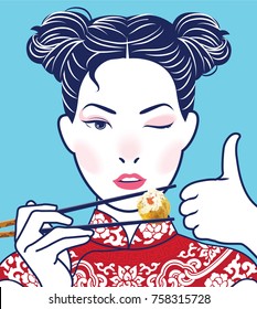 Retro Chinese Lady Holding Chopsticks. Vector, illustration