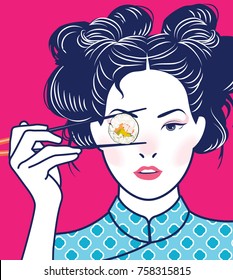 Retro Chinese Lady Holding Chopsticks. Vector, illustration