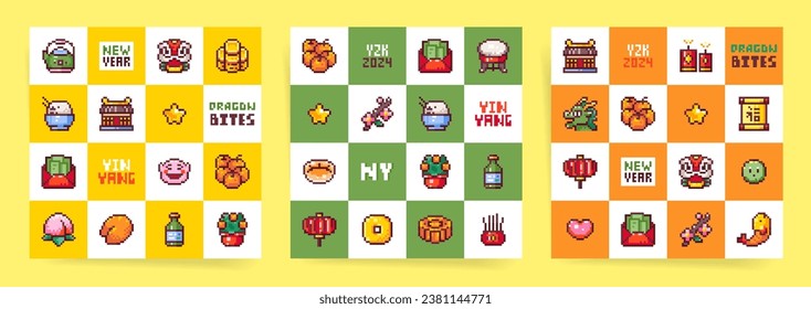 Retro Chinese New Year Pixel Art Seamless Pattern Collection with Y2K 8 Bit Video Game Red Envelopes, Orange Mandarins, Blessing Scrolls, Dragons, Coins, Chinese Paper Lanterns, Festival Street Foods.