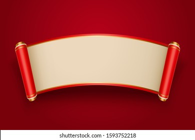 Retro Chinese Style Blank Scroll On Red Background For Design Uses