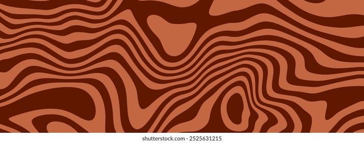 Fondo de color chocolate retro. Textura líquida del desierto del café de leche. Patrón ondulado del caramelo del remolino para el cartel, cubierta, Anuncio, panfleto. Fondo de pantalla hippie trippy marrón en estilo de los años 60 o 70. Vector