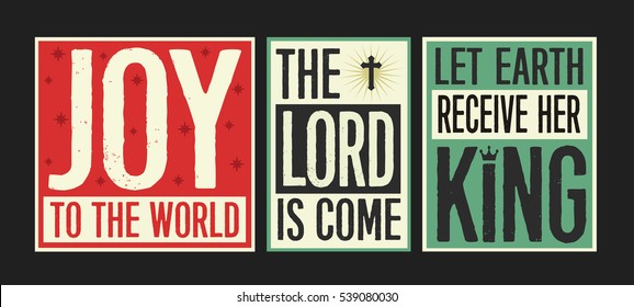 Retro Christian Christmas Card Collection with Joy to the World lyrics designed into colorful posters on Colorful Vintage Styled backgrounds with Accent Art. 