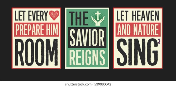 Retro Christian Christmas Card Collection with More Joy to the World lyrics designed into colorful posters on Colorful Vintage Styled backgrounds with Accent Art. 