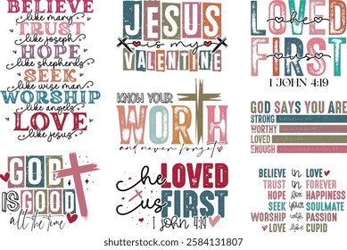 Retro Christian Valentine t-shirt design Bundle, Valentine t-shirt design Bundle, Retro Religious Valentine png, Happy Valentine's day T-shirt Design, Jesus T-shirt Design Bundle, christian bundle