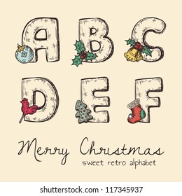 retro christmas alphabet - a, b, c, d, e, f