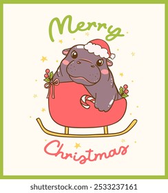 Navidades retro bebé pigmeo hipopótamo en Santa Sleigh dibujado a mano personajes de dibujos animados idea para tarjeta de felicitación