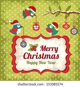 Retro Christmas background with birds