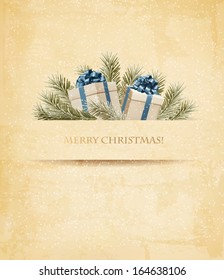 Retro christmas background with branch of tree and gift boxes. Vector 