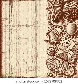 Marrón de fondo de Navidad retro. Ilustración monocromática editable del vector con máscara de recorte.