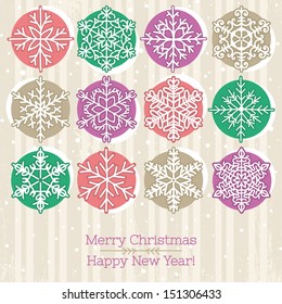 retro christmas background with hand draw snowflakes, vector