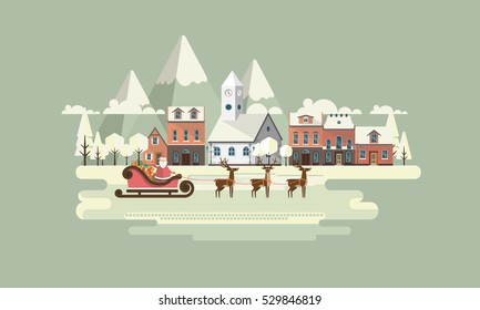 Retro Christmas Background with Santa Claus and Reindeer, Vector Flat Design.