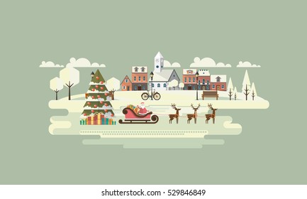 Retro Christmas Background with Santa Claus and Reindeer, Vector Flat Design.