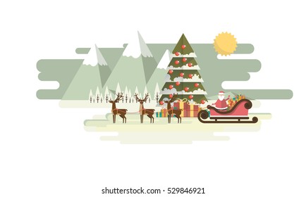 Retro Christmas Background with Santa Claus and Reindeer, Vector Flat Design.