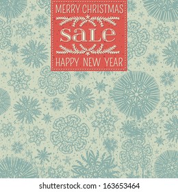 retro christmas background with snowflakes and red label for text,  vector illustration