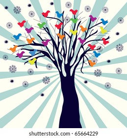 Retro christmas background with tree and birds