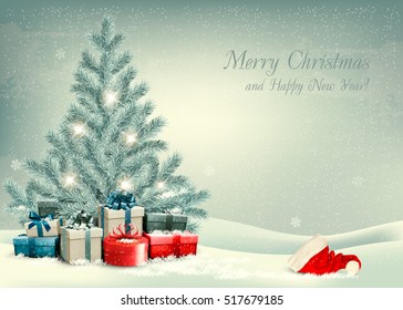 Retro Christmas background with a Christmas tree and presents with santa hat. Vector.