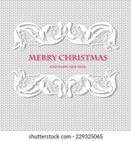 Retro Christmas background with vintage frame, balls, fur tree branch and ornament for Xmas design.