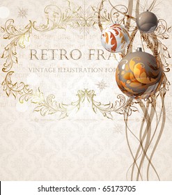Retro christmas background with vintage frame, balls and seamless ornament for xmas design.