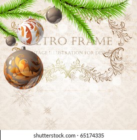 Fondo de navidad retro con marco vintage, bolas, rama de árbol de piel y adorno impecable para diseño navideño.