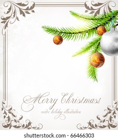 Retro christmas background with vintage frame, fur tree and balls for xmas design.