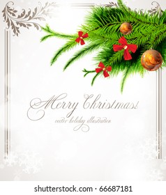 Retro christmas background with vintage frame, fur tree and balls for xmas design.