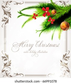 Retro christmas background with vintage frame, fur tree and balls for xmas design.