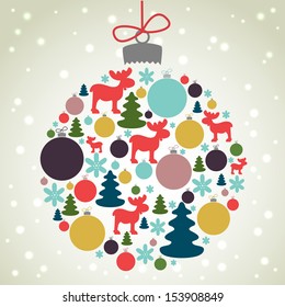 Retro Christmas background with the xmas baubles, fir trees, moose and snowflakes. Xmas design elements in shape of Christmas ball.